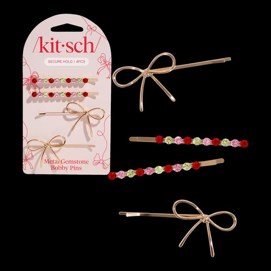 Kitsch Red, Pink, & Green Gemstone and Bow Bobby Pins