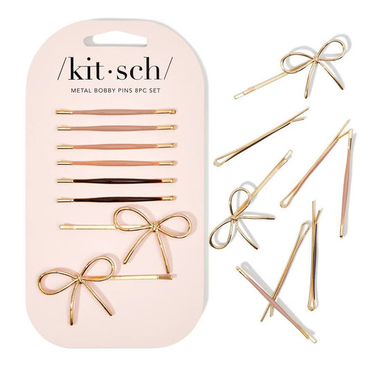 Kitsch Metal Enamel Puffy & Bow Bobby Pins 8pc Set- Rosewood
